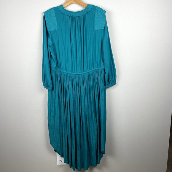 Chicos 2 Midi Dress 12 Teal Green Crinkle Pleated 3/4 Sleeve Button Up Tie Waist - Picture 9 of 16